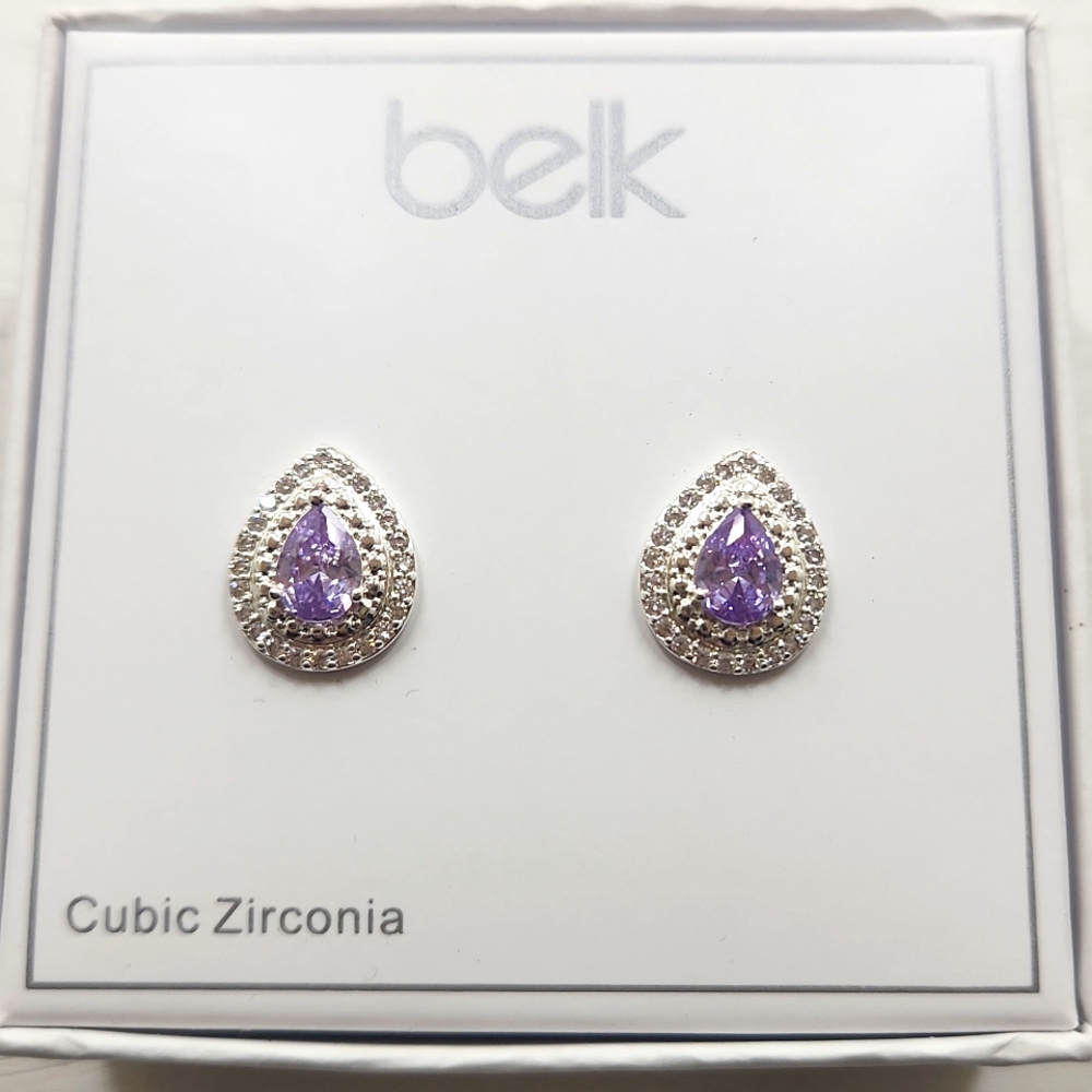 Amethyst Cubic Zirconia Pear Teardrop Shaped Stud Earrings